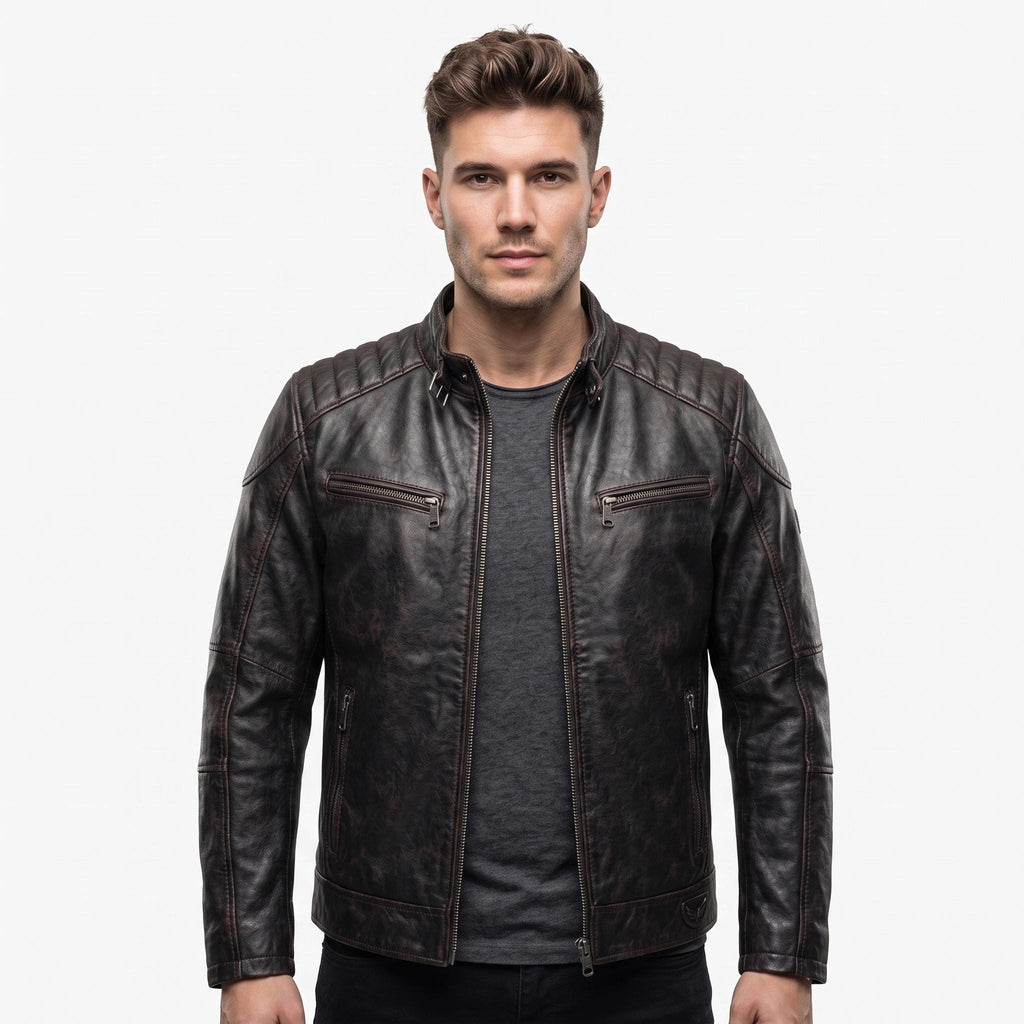 Men's Genuine Leather Biker Jacket | Eagle Patch Cafe Racer Coat