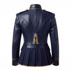Navy Blue Leather Peplum Jacket: Victorian Military Officer Style Blazer