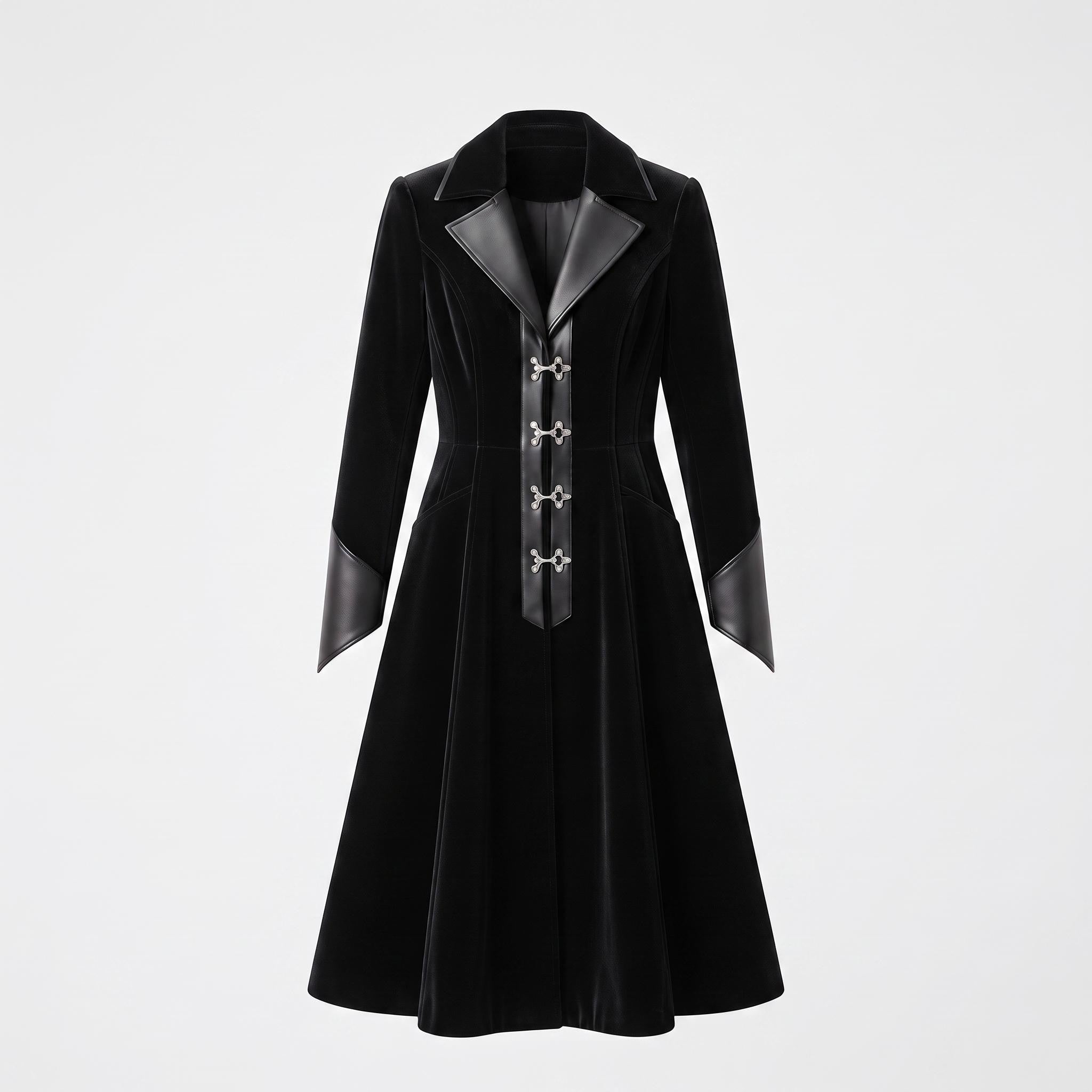Black Velvet Victorian Coat | Genuine Leather Trim, Medieval Fantasy Jacket