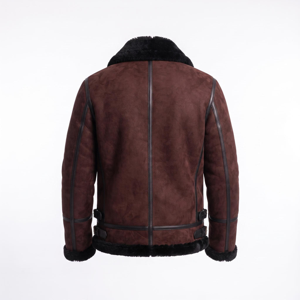 Men's Suede Shearling Aviator Jacket, Brown Leather Trim Biker Style