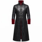 Gothic Black Faux-Leather Trench Coat with Red Accents – Victorian Duster Jacket