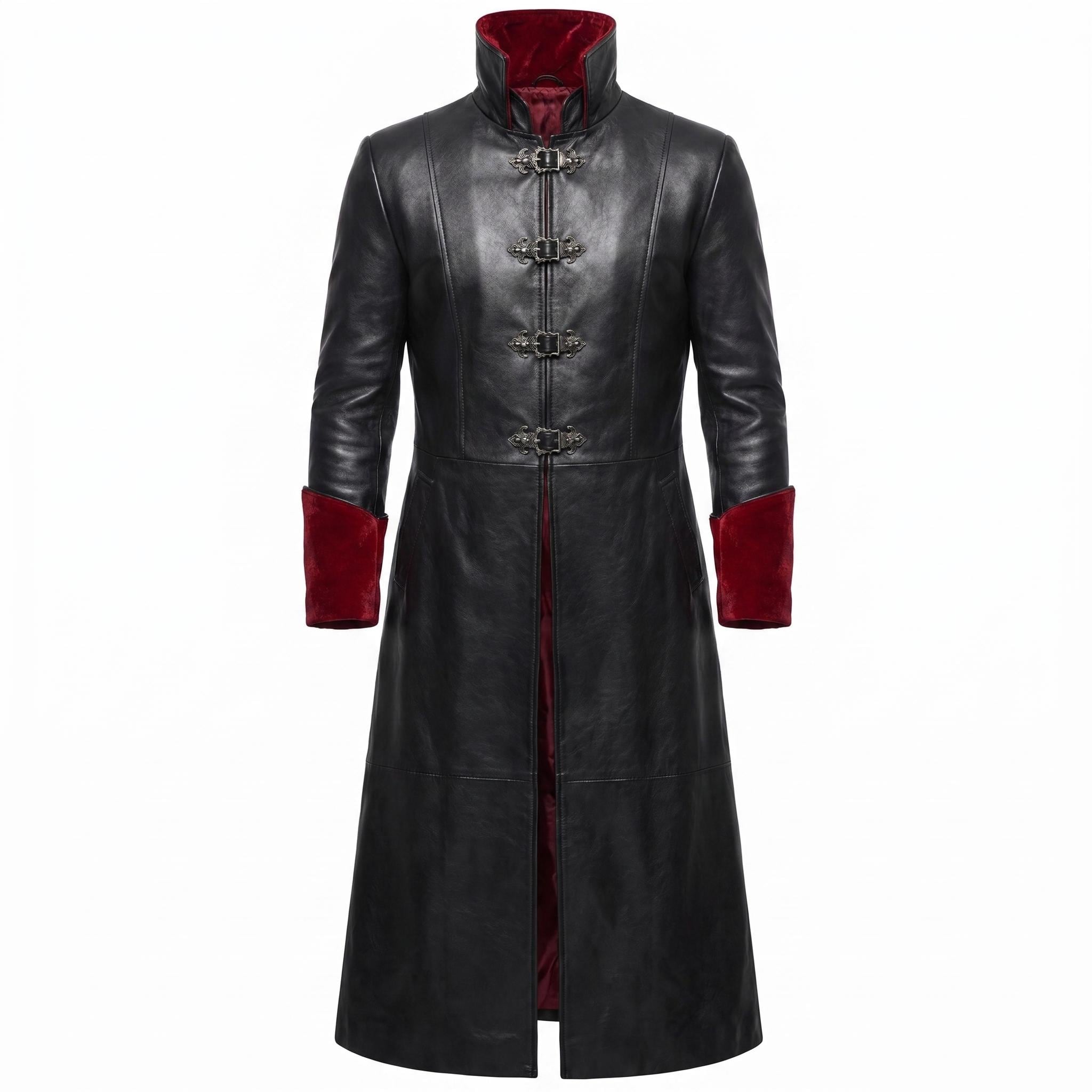 Gothic Black Faux-Leather Trench Coat with Red Accents – Victorian Duster Jacket
