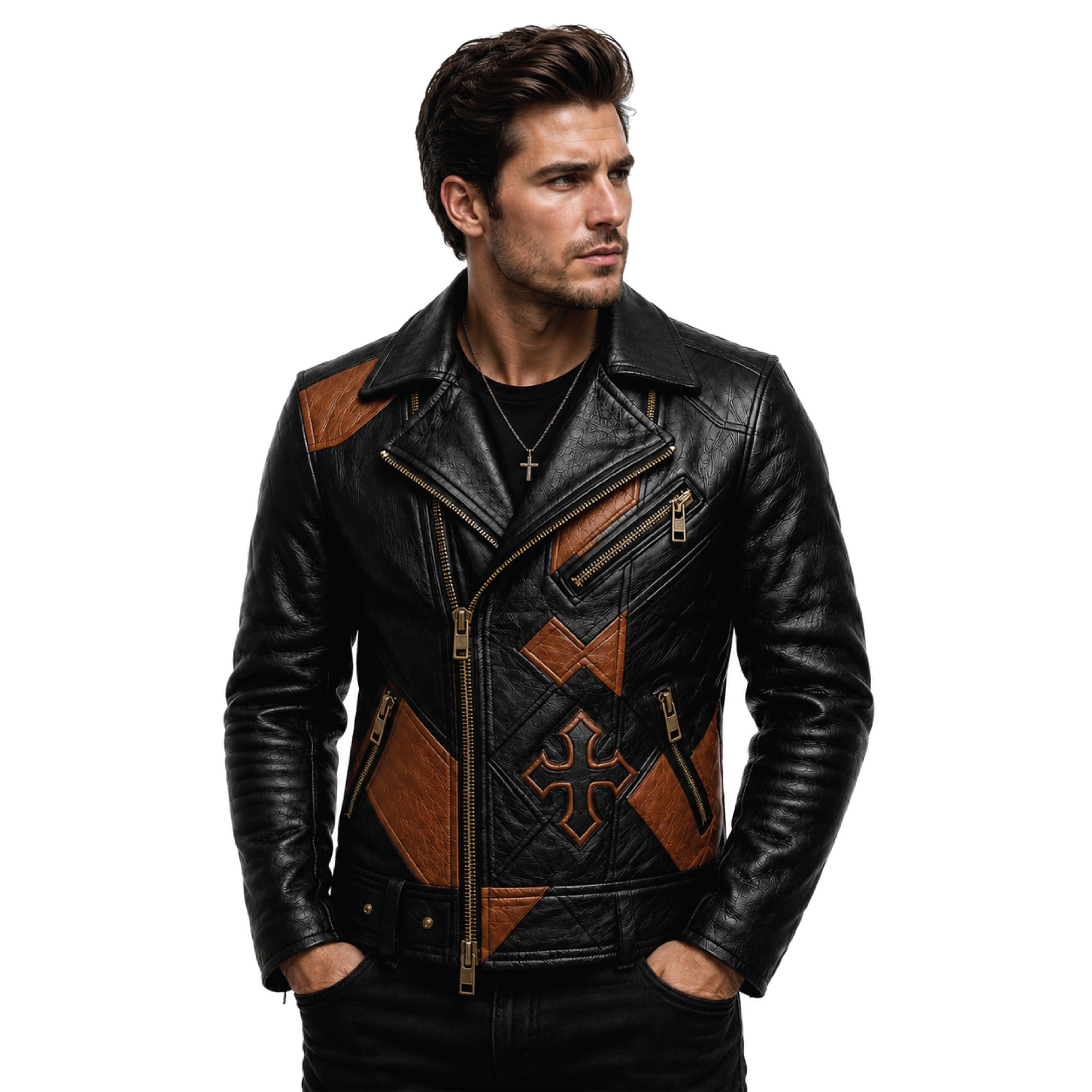 Timber&Hide Men's Patchwork Leather Biker Jacket | Handmade Motorcycle Jacket | Gothic Cross Back Patch | Vintage Cafe Racer Coat | Genuine Leather Jacket