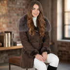 Women's Brown Shearling Leather Jacket, Faux Fur Collar Winter Coat