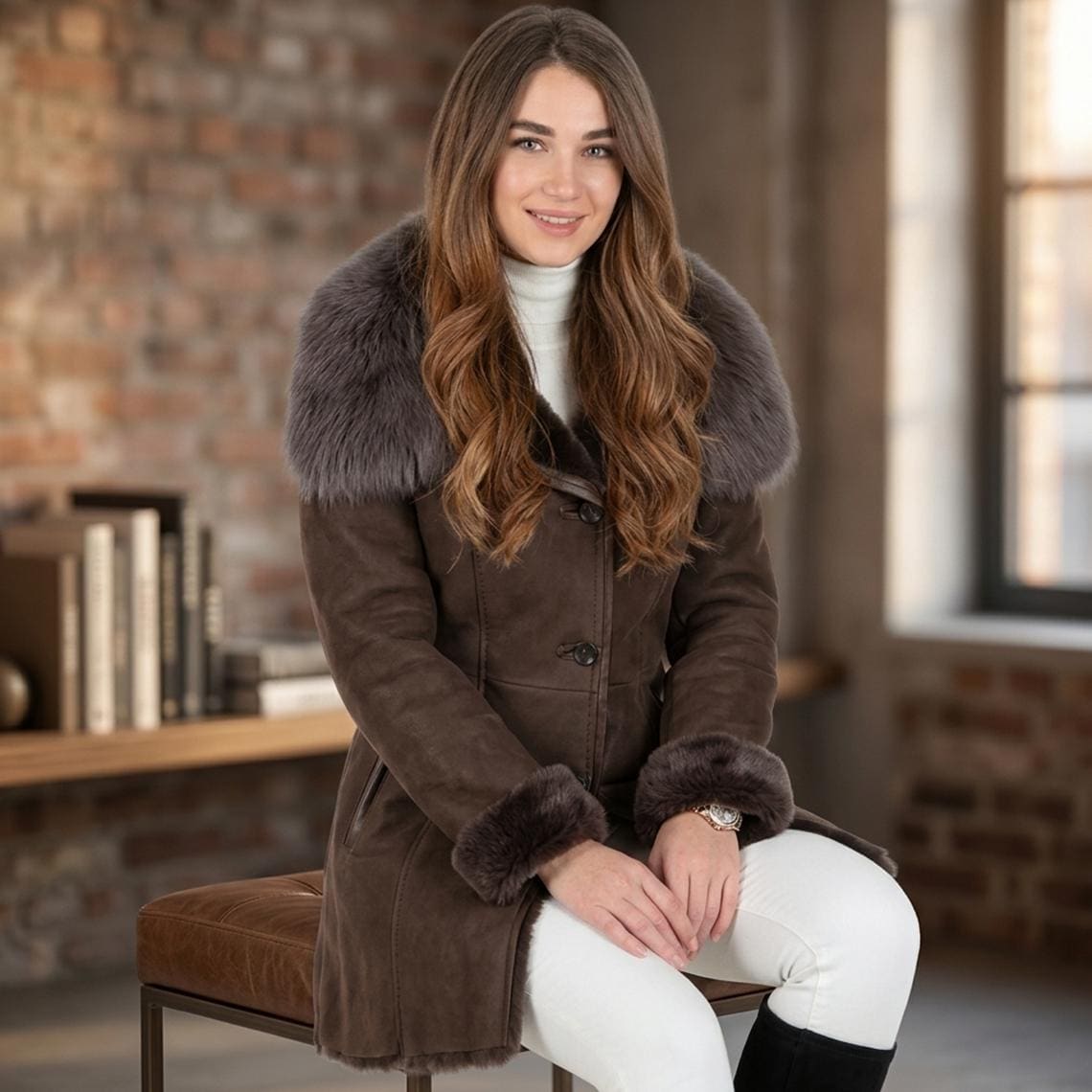 Women's Brown Shearling Leather Jacket, Faux Fur Collar Winter Coat