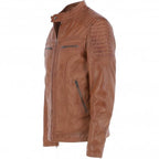 Men's Black Leather Biker Jacket with Zip Front, Multiple Pockets