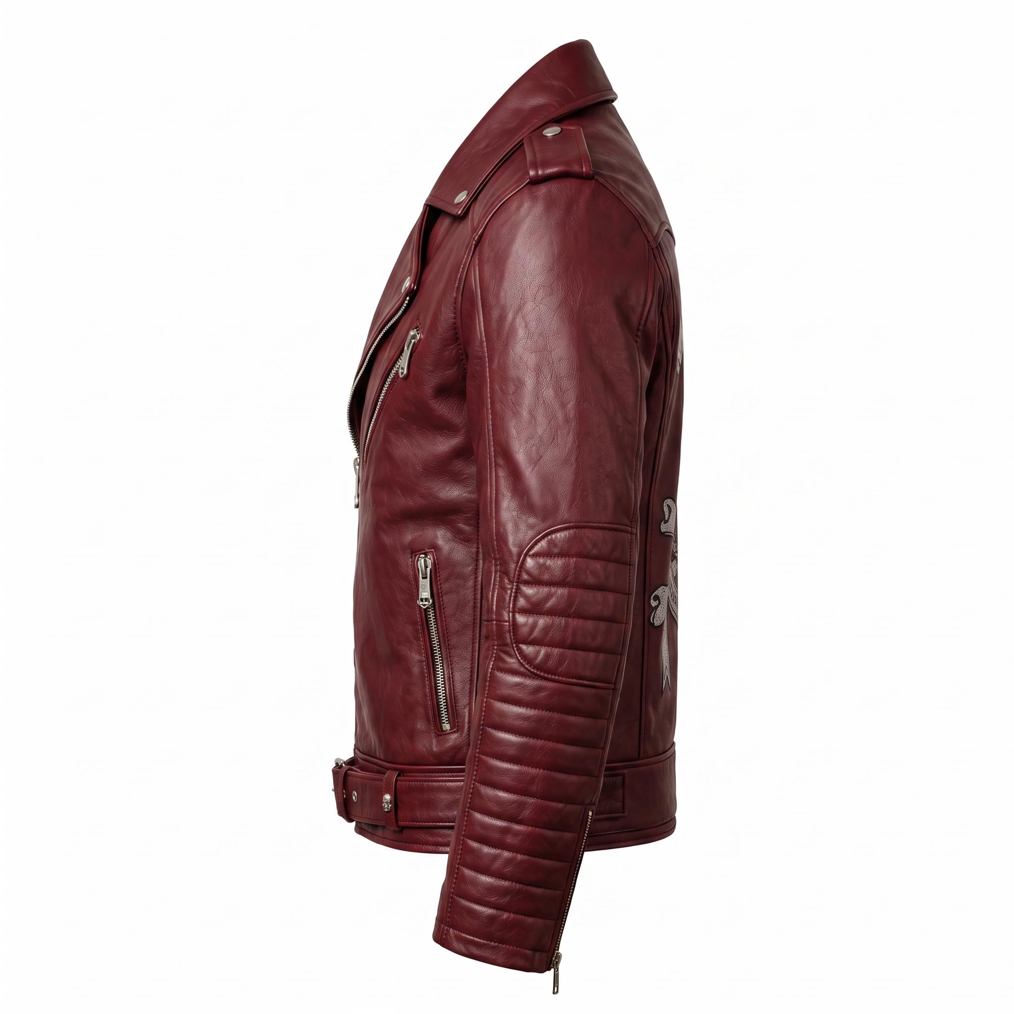 Timber&Hide Motorhead Inspired Leather Biker Jacket | Skull Printed Leather Jacket | Men's Burgundy Leather Motorcycle Jacket