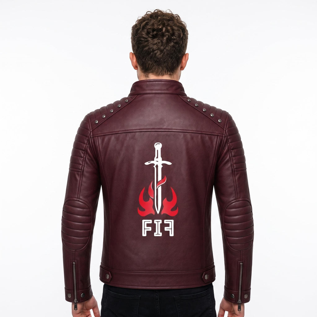 Brown Leather Biker Jacket with Sword Flame Graphic – Moto Punk Streetwear Coat