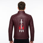 Brown Leather Biker Jacket with Sword Flame Graphic – Moto Punk Streetwear Coat