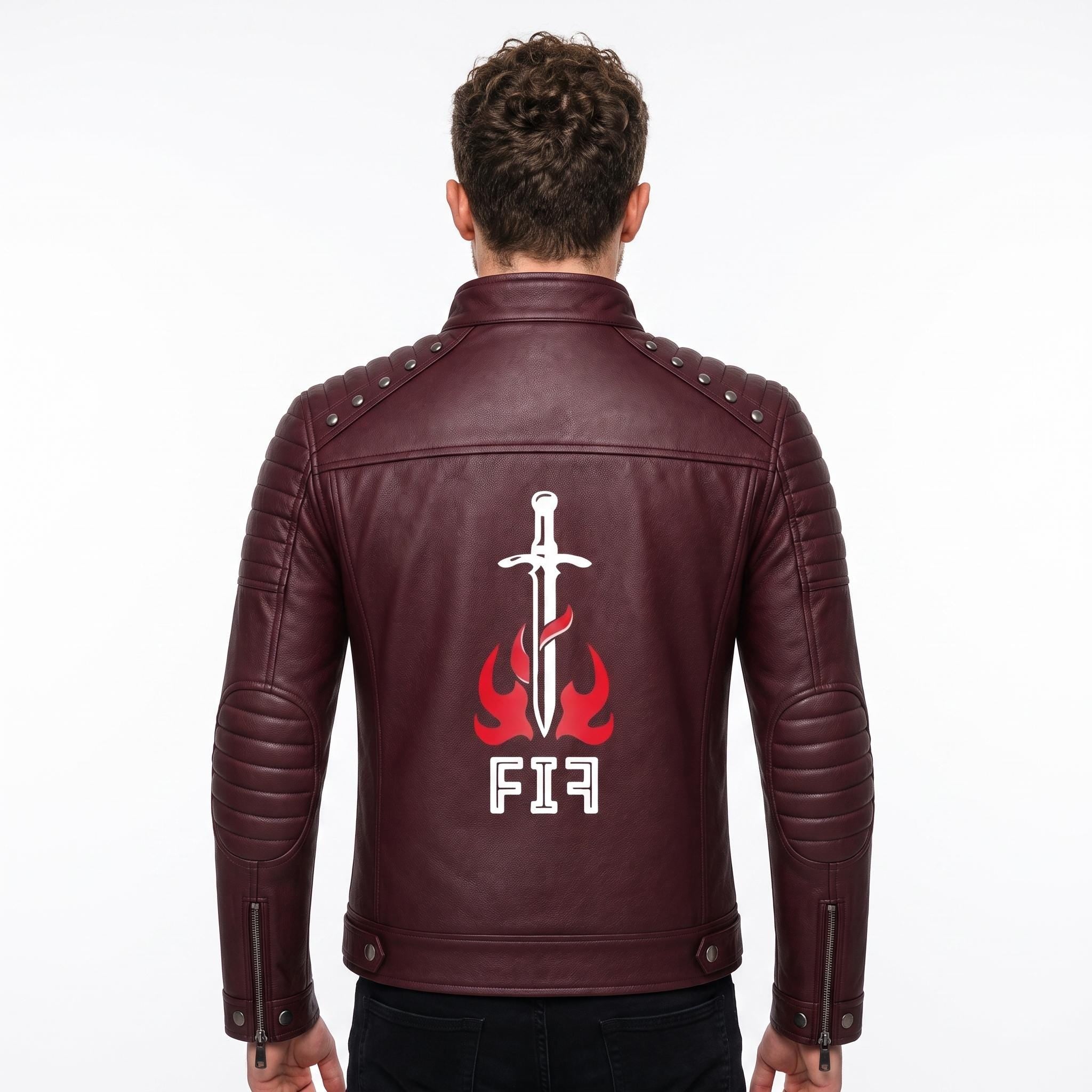 Brown Leather Biker Jacket with Sword Flame Graphic – Moto Punk Streetwear Coat