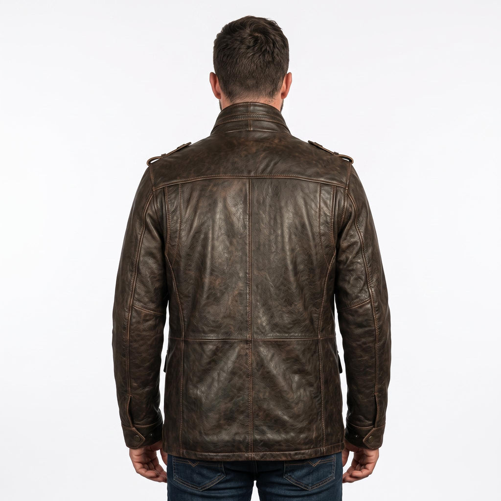 Men's Distressed Brown Leather Field Jacket | Military Utility Coat