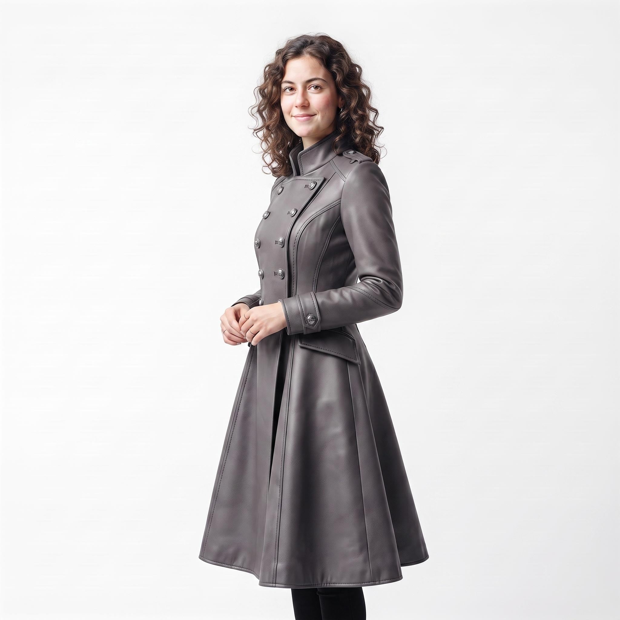 Grey Leather Military Coat, Double Breasted Gothic Victorian Jacket