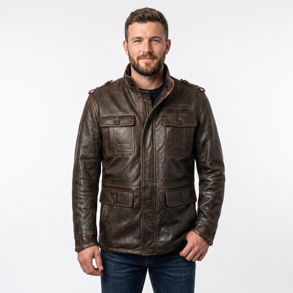 Men's Distressed Brown Leather Field Jacket | Military Utility Coat