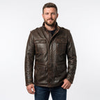 Men's Distressed Brown Leather Field Jacket | Military Utility Coat