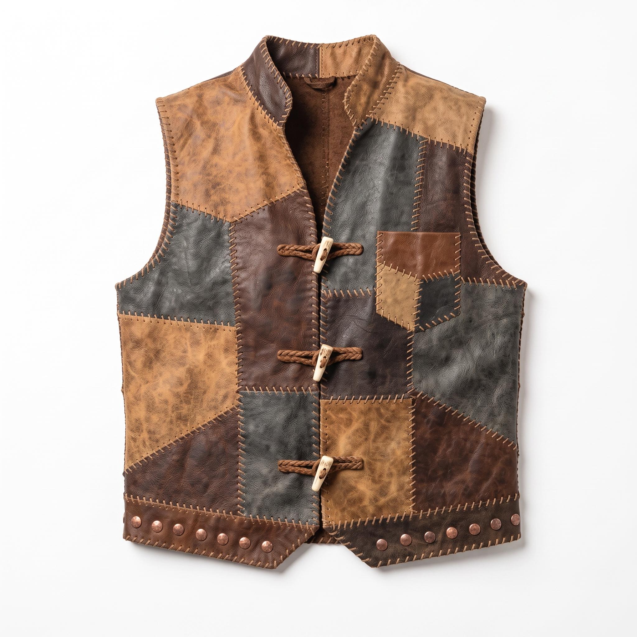 Men's Patchwork Leather Vest | Handmade Genuine Cowhide Biker Waistcoat