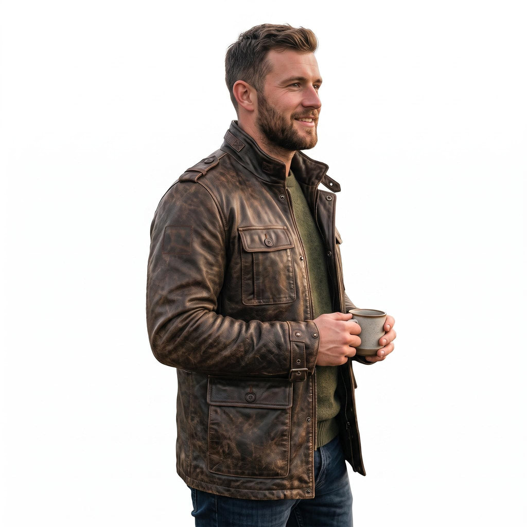 Men's Distressed Brown Leather Field Jacket | Military Utility Coat