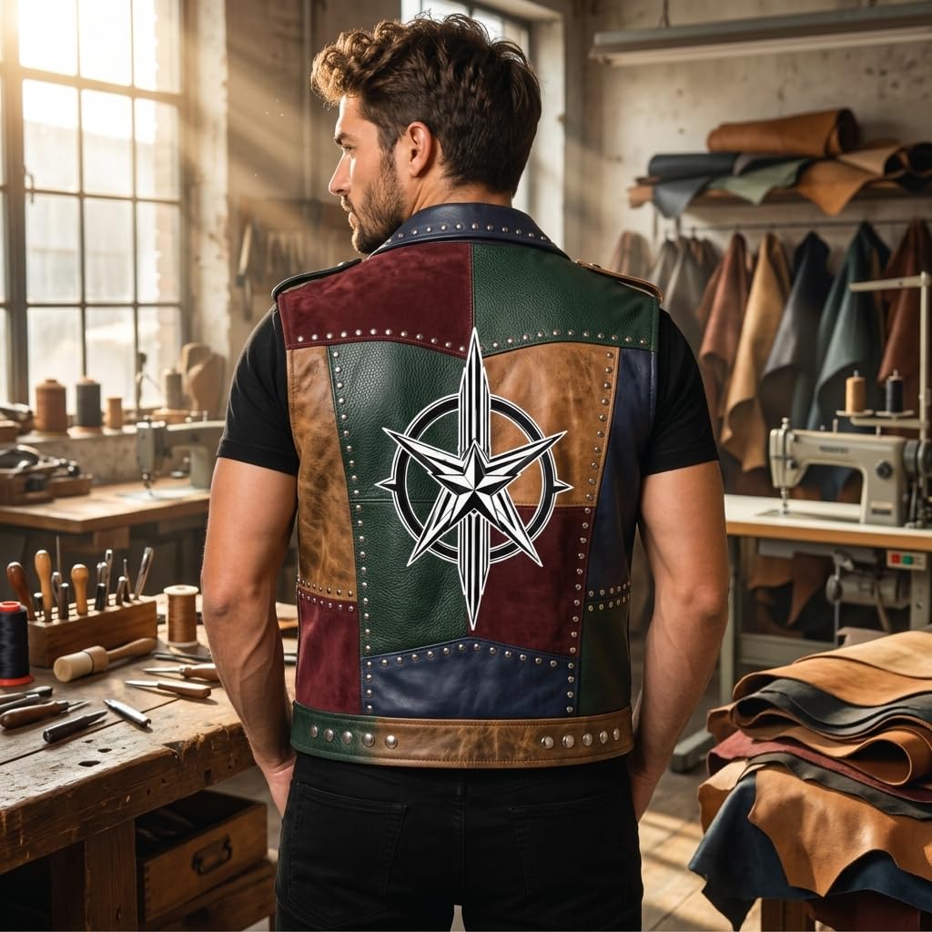 Timber&Hide Men's Patch Leather Vest | Printed Leather Jacket | Handmade Patchwork Leather Vest | Studded Biker Vest