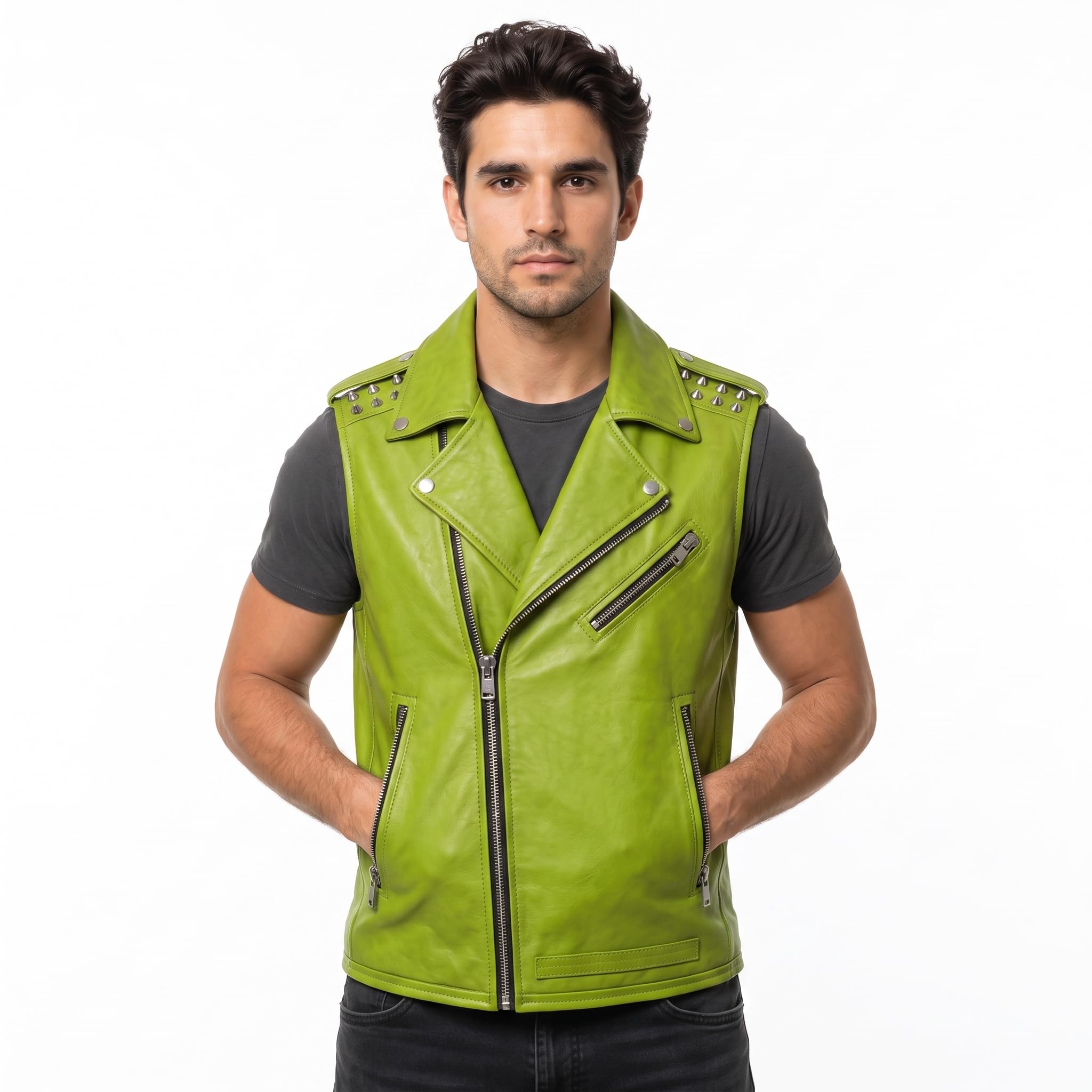 Timber&Hide Men's Genuine Leather Motorcycle Biker Vest – Classic Double Rider Style with Studded Shoulders