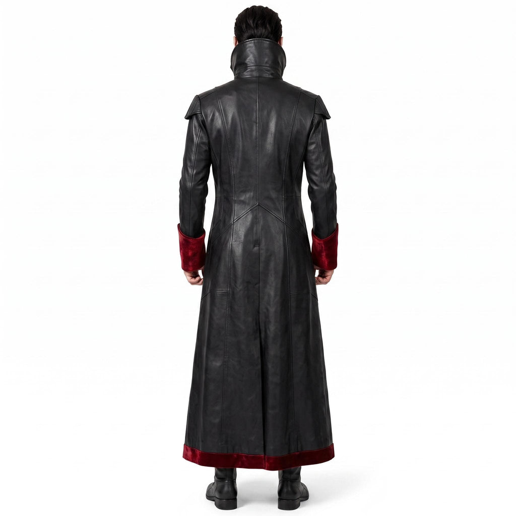 Gothic Black Faux-Leather Trench Coat with Red Accents – Victorian Duster Jacket