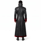 Gothic Black Faux-Leather Trench Coat with Red Accents – Victorian Duster Jacket