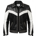 Handmade Western Fringe Leather Jacket: Studded Cowboy Biker Coat