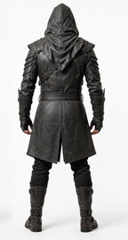 Men's Hooded Leather Assassin Coat | Medieval Ranger Trench LARP Cosplay Jacket