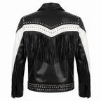 Handmade Western Fringe Leather Jacket: Studded Cowboy Biker Coat