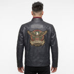 Men's Genuine Leather Black Biker Jacket with Eagle Back Patch, Handmade Vintage Cafe Racer Motorcycle Jacket