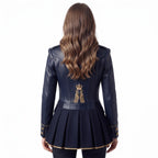 Navy Blue Leather Peplum Jacket: Victorian Military Officer Style Blazer