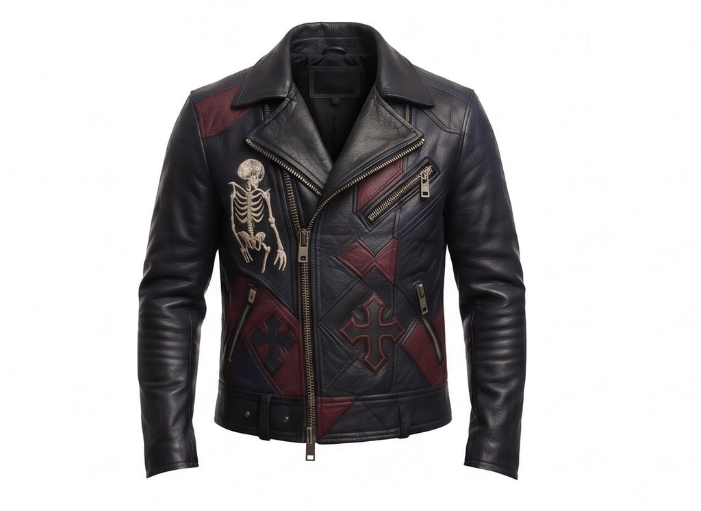 Timber&Hide Men’s Black Leather Biker style Moto jacket with Cross Design Gothic Punk Motorcycle Style