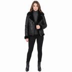 Black Crinkled Leather Aviator Jacket, Plush Shearling Trim Bomber