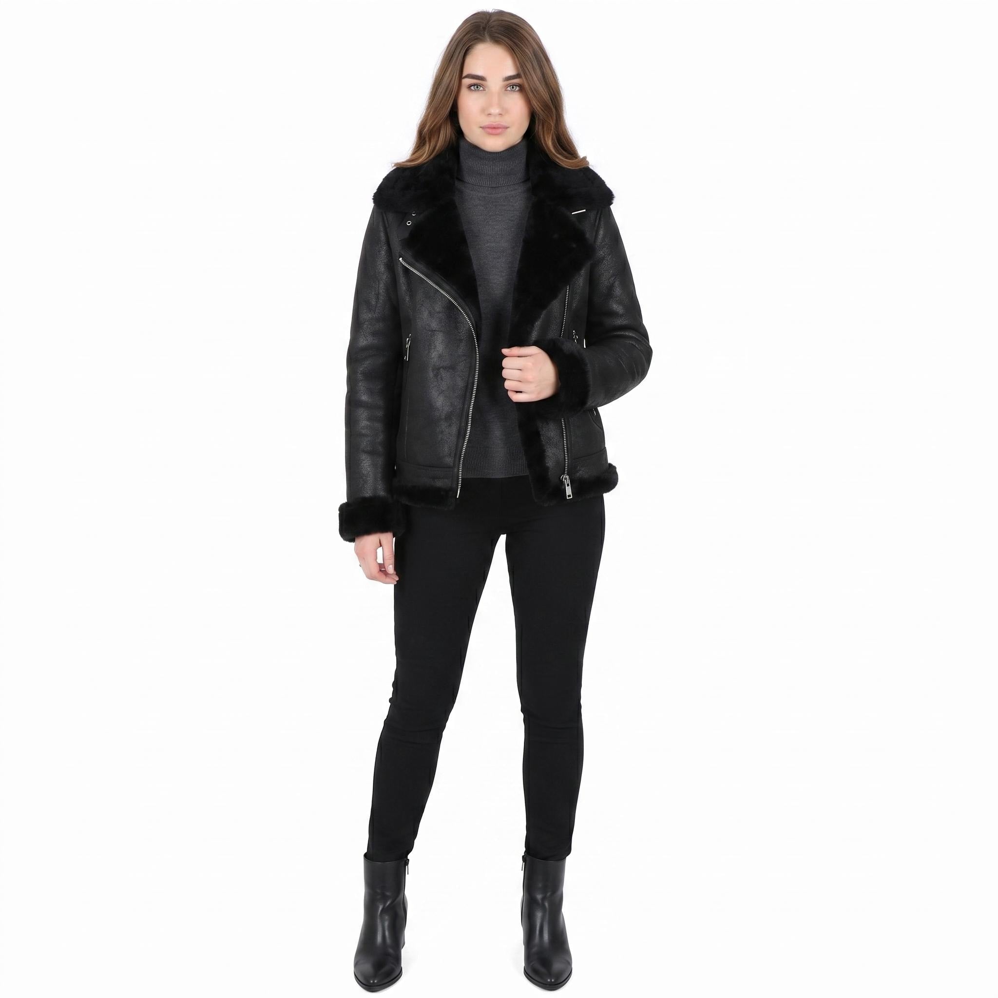 Black Crinkled Leather Aviator Jacket, Plush Shearling Trim Bomber