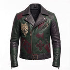 Timber&Hide Men's Leather Biker Moto Jacket | Gothic Cross Design | Embroidered Patch jacket