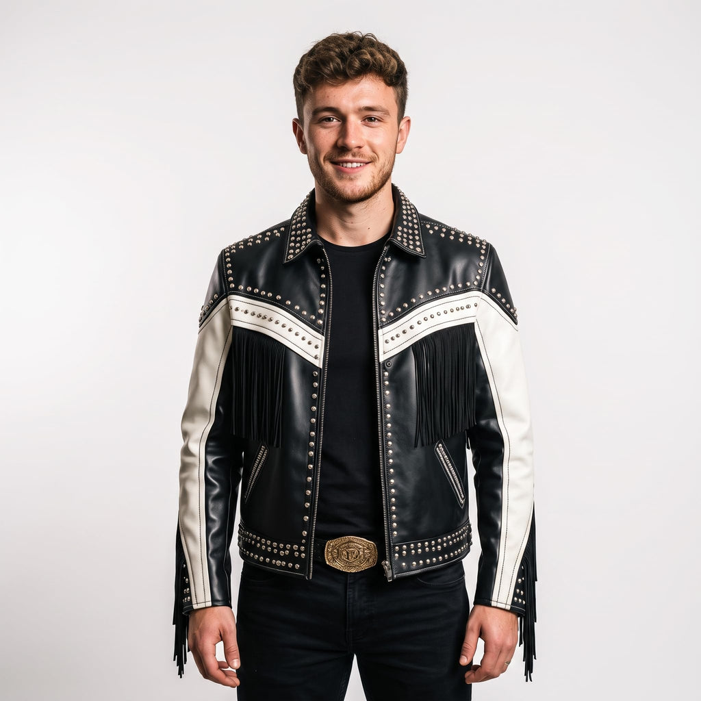 Handmade Western Fringe Leather Jacket: Studded Cowboy Biker Coat