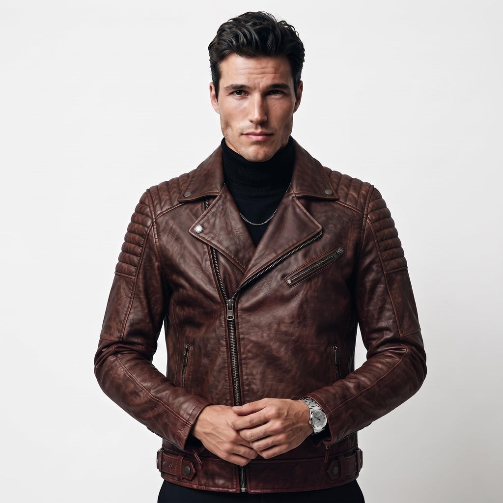 Timber&Hide motorcycle jacket with skull back | brown leather biker jacket | vintage moto style