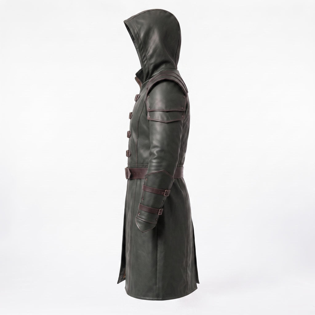 Men's Hooded Leather Assassin Coat: Dark Fantasy Ranger Trench Jacket