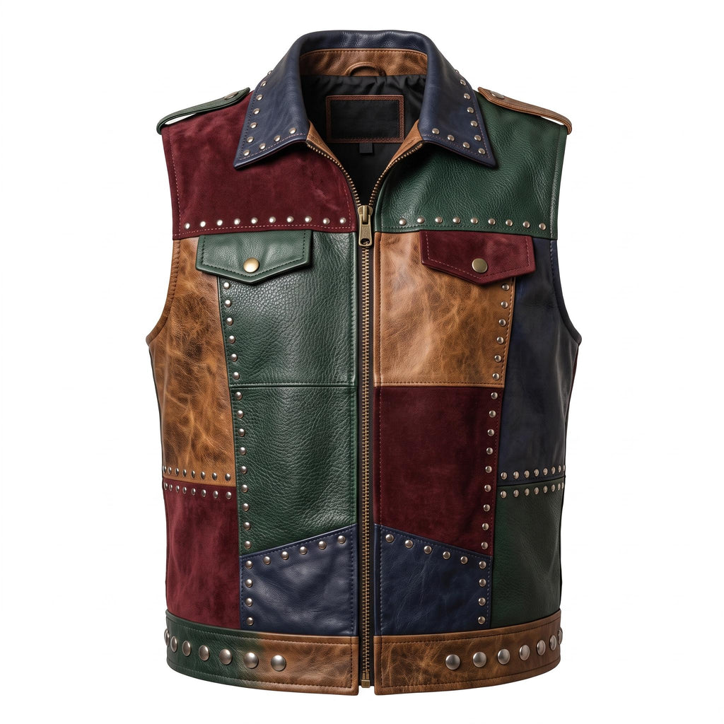 Men's Patchwork Leather Biker Vest | Studded Jacket with Printed Back