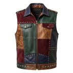 Men's Patchwork Leather Biker Vest | Studded Jacket with Printed Back
