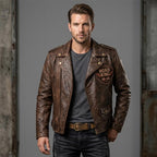 Road King Vintage Leather Jacket - Winged Skull & "Ride to Live" Biker Design