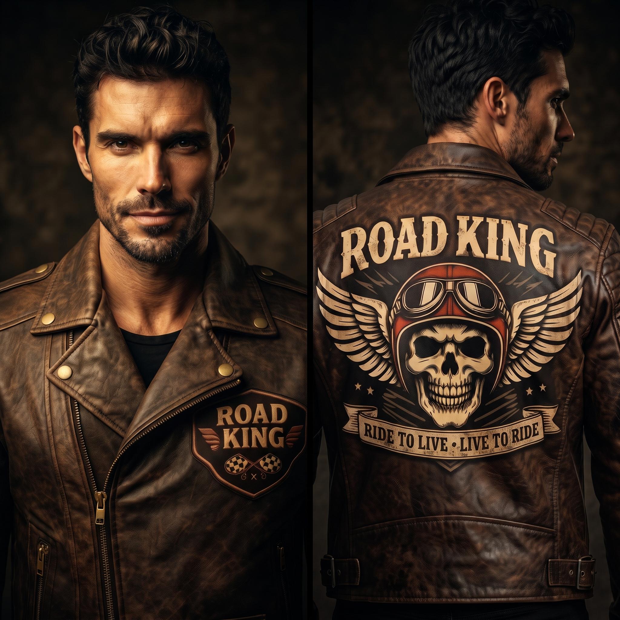 Road King Vintage Leather Jacket - Winged Skull & "Ride to Live" Biker Design