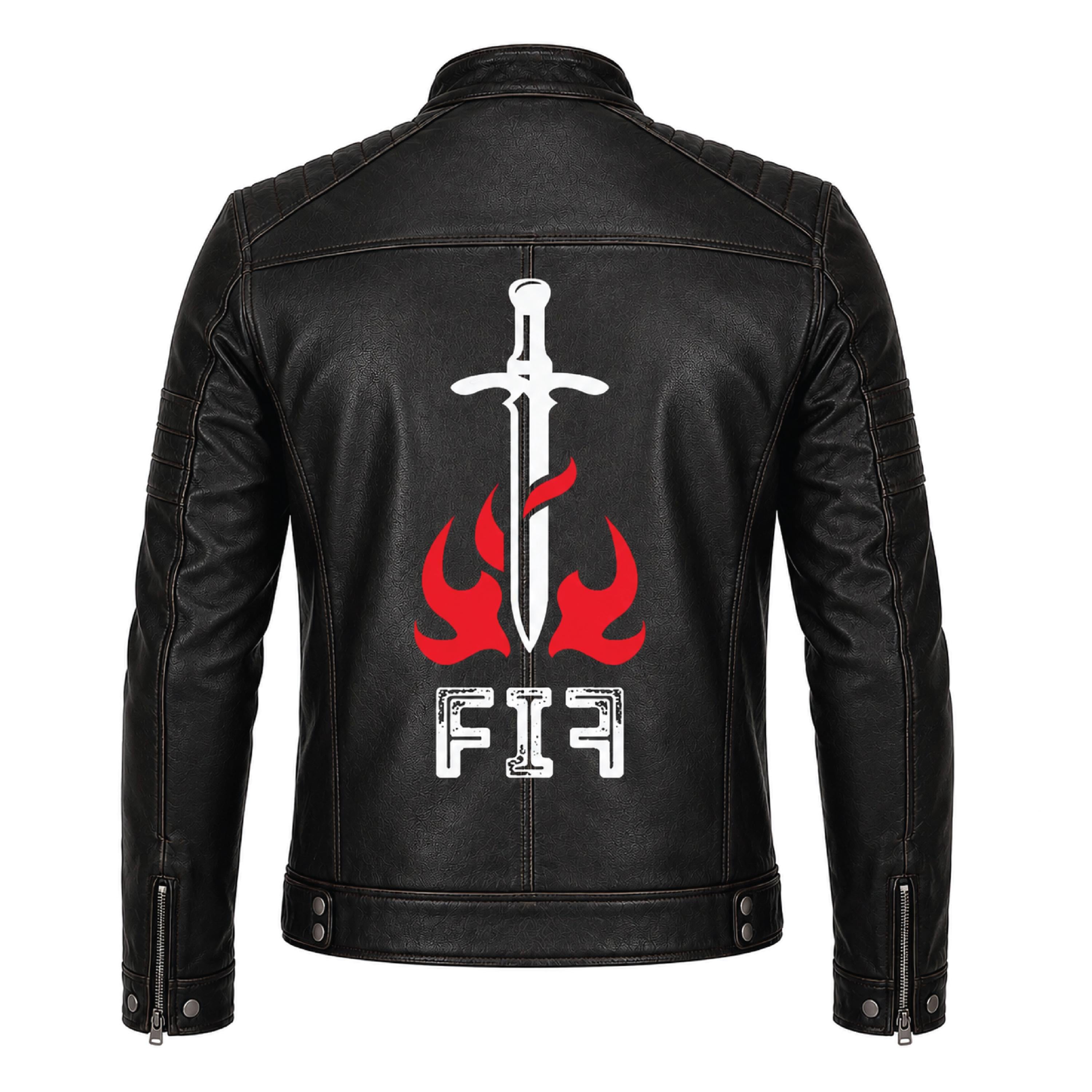 Men's Black Leather Biker Jacket, Sword Flame Graphic Rider Coat