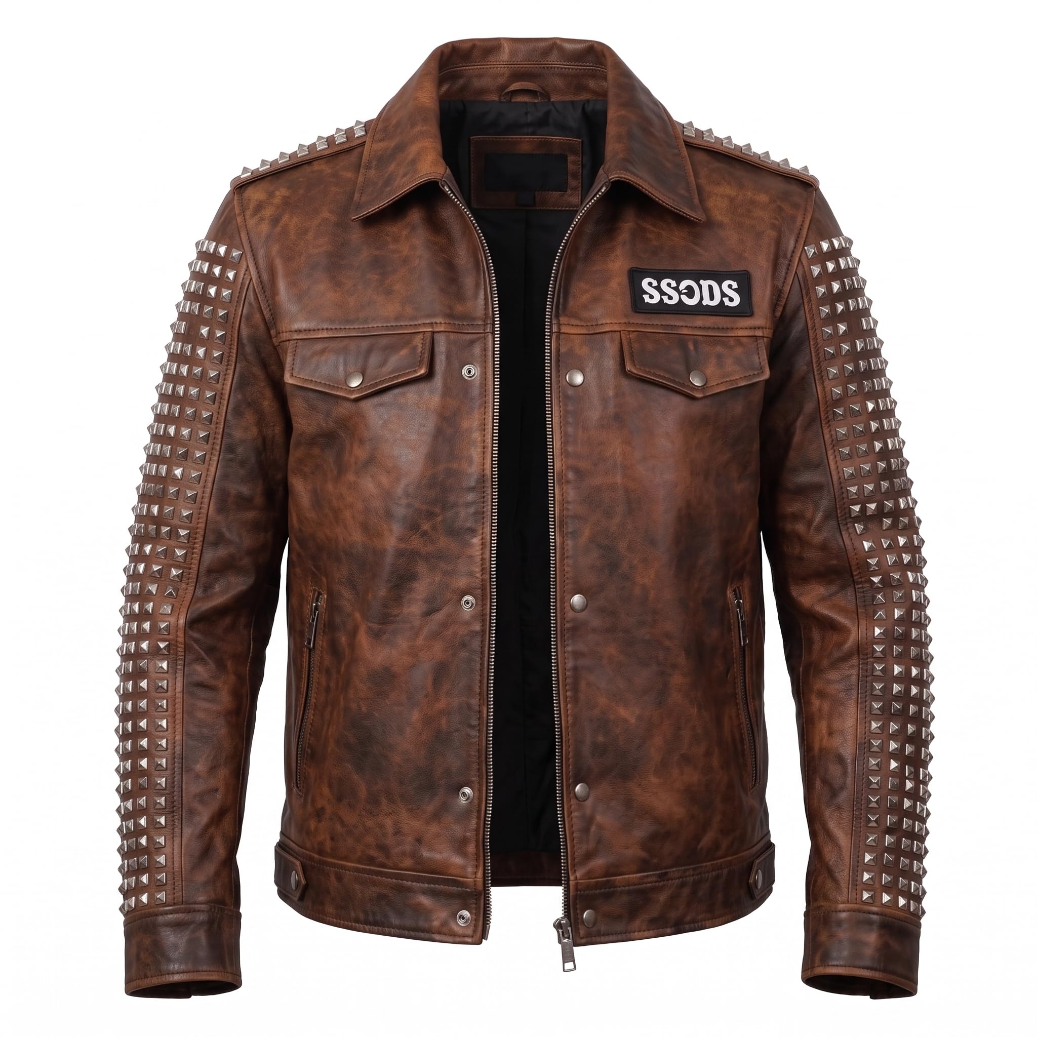 Timber&Hide Handmade Studded Leather Biker Jacket: Punk Rock Gothic Patchwork | Halloween Costume