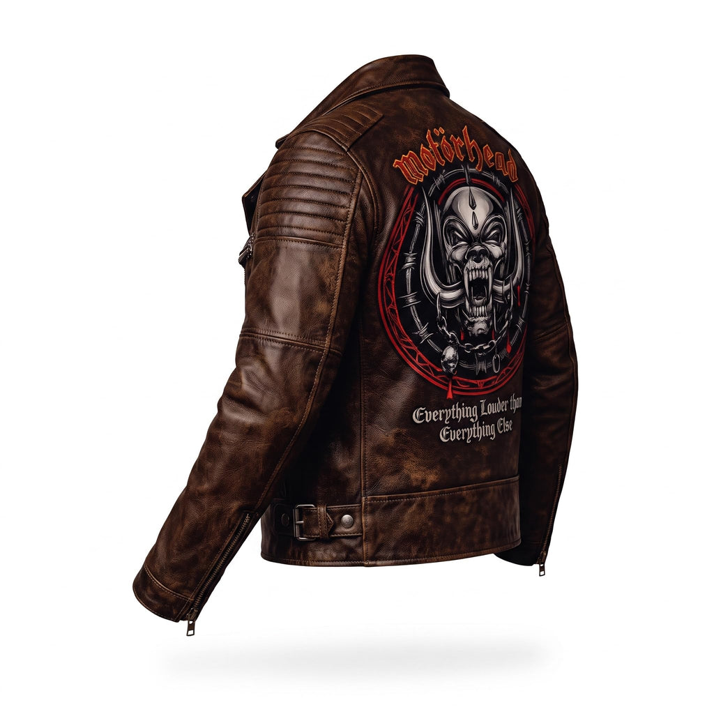 Timber&Hide motorcycle jacket with skull back | brown leather biker jacket | vintage moto style