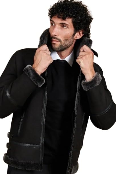 Timber&Hide Peter Black Suede Lamb Shearling Biker Jacket with Buckle Collar – Suede Shearling Jacket