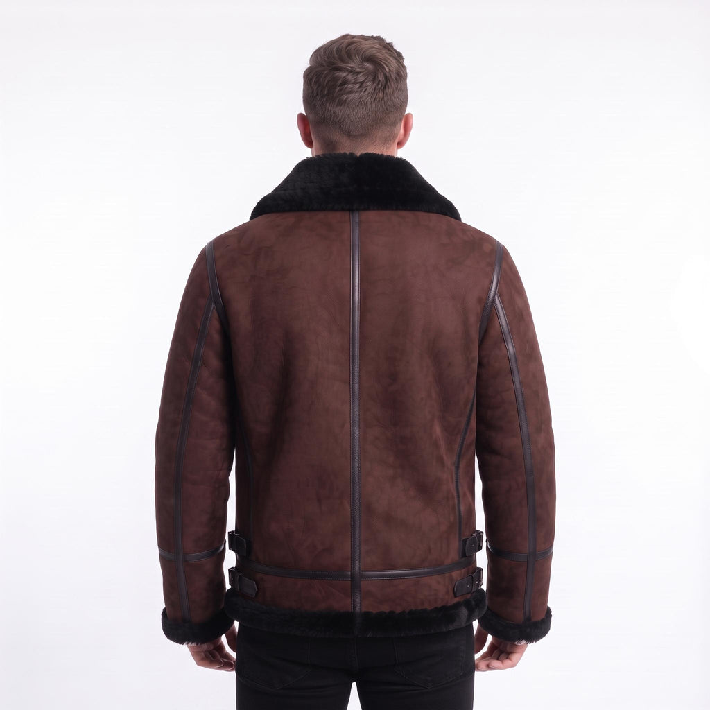 Men's Suede Shearling Aviator Jacket, Brown Leather Trim Biker Style