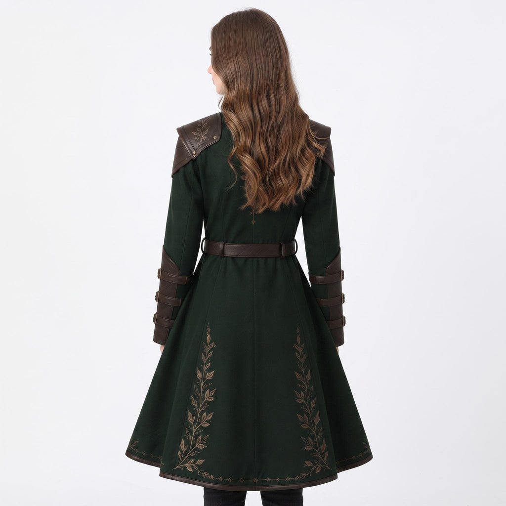 Women's Dark Green Elven Ranger Coat with Leather Accents and Embroidery