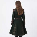 Women's Dark Green Elven Ranger Coat with Leather Accents and Embroidery
