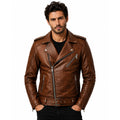 Timber&Hide Men's Brown Motorhead Inspired Leather Jacket | Skull Biker Jacket | Rock Punk Motorcycle Jacket