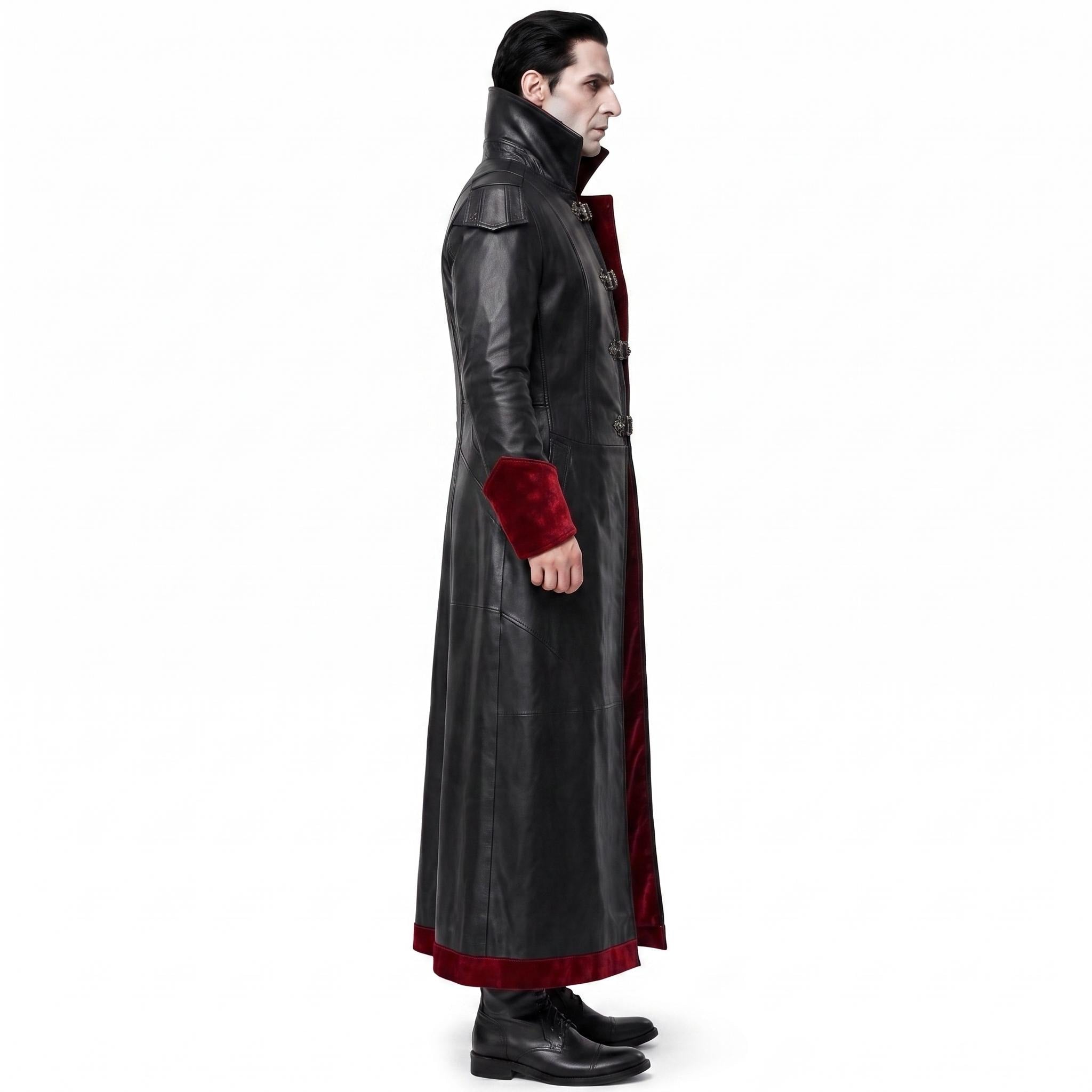 Gothic Black Faux-Leather Trench Coat with Red Accents – Victorian Duster Jacket