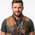 Men's Patchwork Leather Vest | Handmade Genuine Cowhide Biker Waistcoat